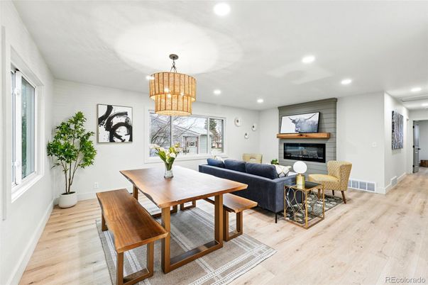 Chandelier, Dining room, Fireplace, Interior, Living room, Recessed Lighting, Wood Texture Flooring