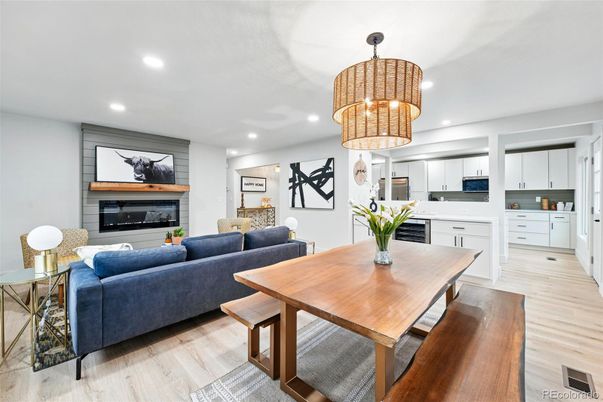 Chandelier, Dining room, Interior, Kitchen, Living room, Recessed Lighting, Wood Texture Flooring