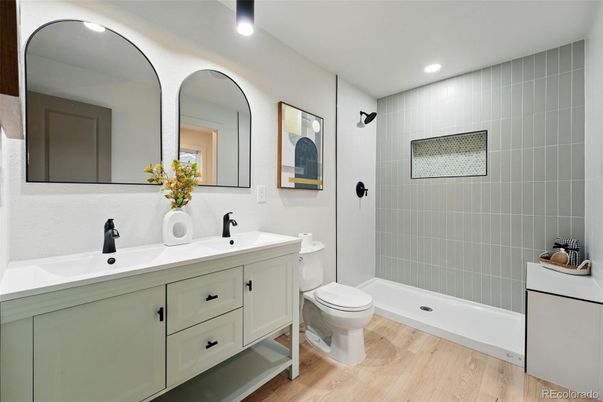 Bathroom, Dual Sink Vanities, Interior, Recessed Lighting, Wood Texture Flooring