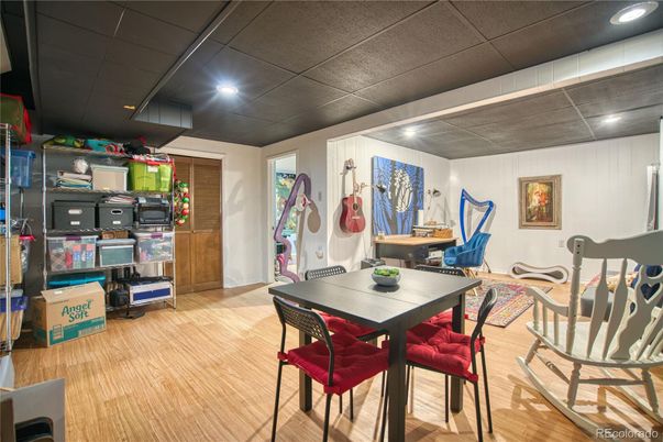 Dining room, Interior, Recessed Lighting, Wood Texture Flooring
