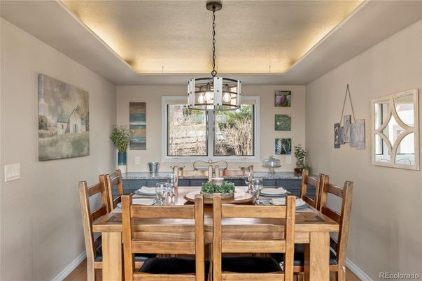 Dining room, Interior, Pendant Lights, Wood Texture Flooring