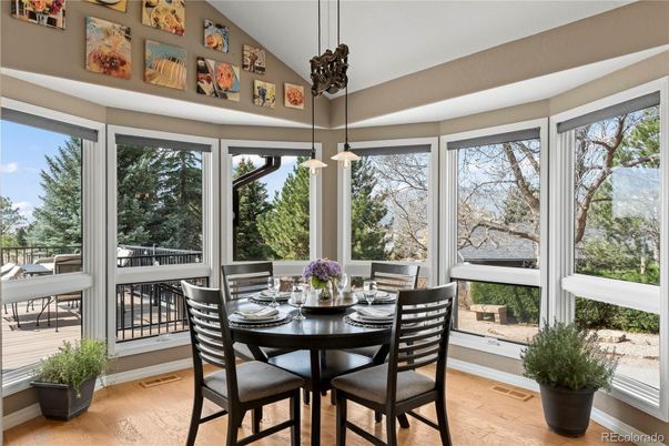 Dining room, Interior, Pendant Lights, Wood Texture Flooring