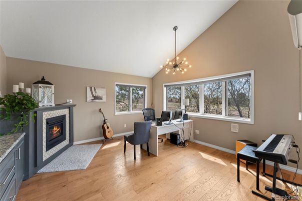 Fireplace, Home Office, Interior, Pendant Lights, Piano, Wood Texture Flooring
