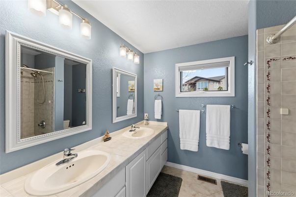 Bathroom, Dual Sink Vanities, Glass Shower, Interior, Tile Countertops