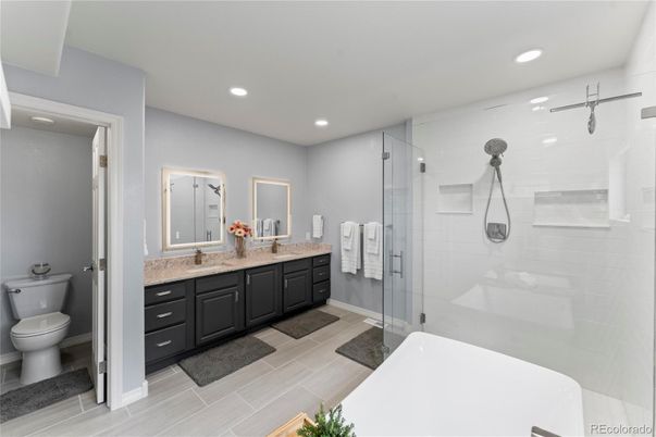 Bathroom, Dual Sink Vanities, Glass Shower, Interior, Recessed Lighting