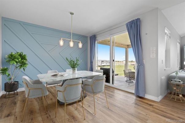 Dining room, Interior, Pendant Lights, Wood Texture Flooring
