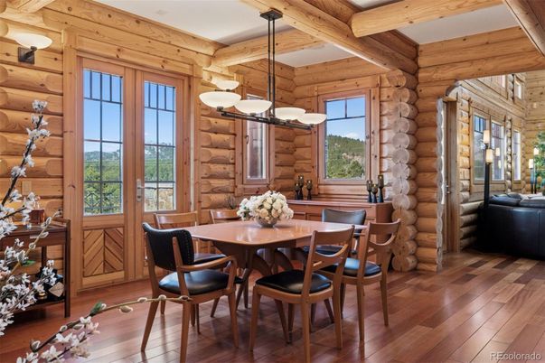 Chandelier, Dining room, Interior, Wooden Beams, Wood Texture Flooring, Wooden Walls