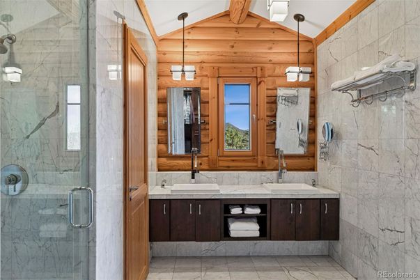 Bathroom, Glass Shower, Interior, Marble, Marble Walls, Pendant Lights, Wooden Walls