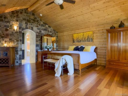 Bedroom, Fireplace, Interior, Stone Walls, Wooden Ceilings, Wood Texture Flooring, Wooden Walls