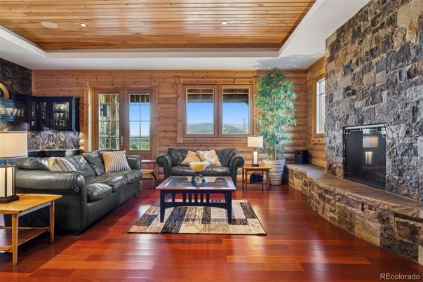 Fireplace, Interior, Living room, Recessed Lighting, Stone Walls, Wooden Ceilings, Wood Texture Flooring, Wooden Walls