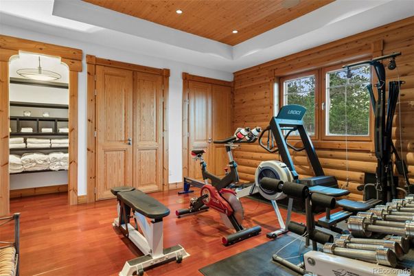 Fitness Equipment, Interior, Recessed Lighting, Wooden Ceilings, Wood Texture Flooring, Wooden Walls