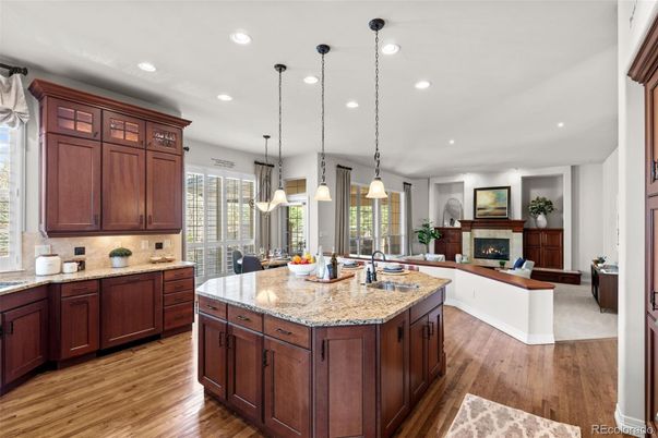 Fireplace, Interior, Kitchen, Pendant Lights, Recessed Lighting, Wood Texture Flooring
