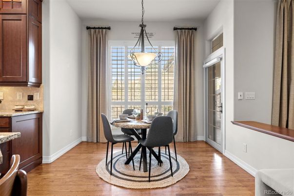 Dining room, Interior, Pendant Lights, Wood Texture Flooring