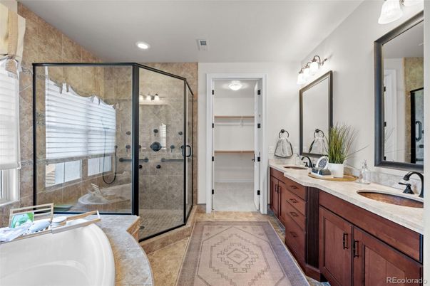 Bathroom, Dual Sink Vanities, Glass Shower, Interior, Recessed Lighting, Walk-in Closets