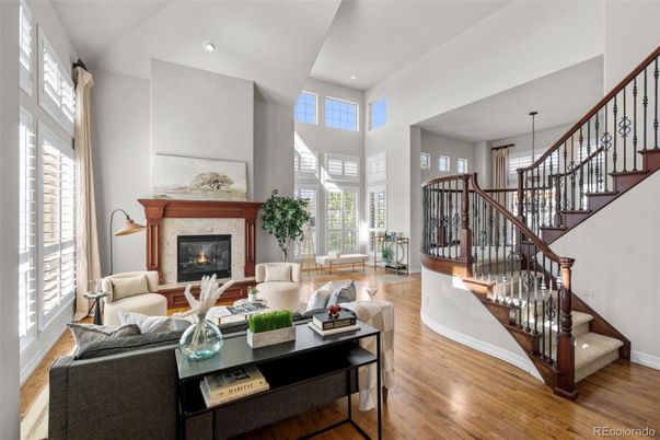 Fireplace, Interior, Living room, Pendant Lights, Recessed Lighting, Wood Texture Flooring