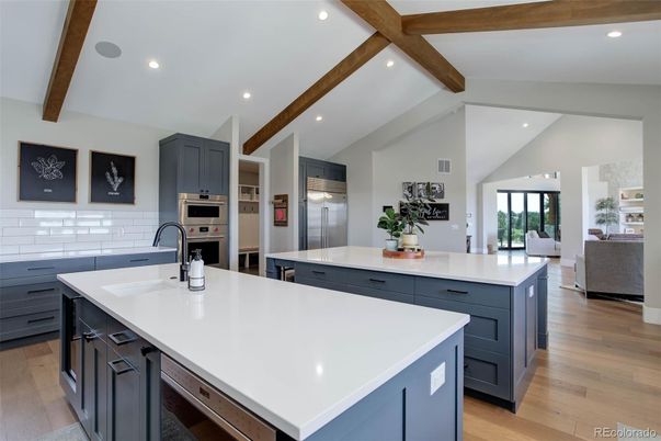 Interior, Kitchen, Recessed Lighting, Stainless Steel Appliances, Wooden Beams, Wood Texture Flooring