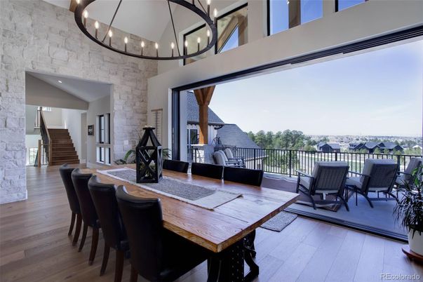 Dining room, Interior, Pendant Lights, Stone Walls, Wood Texture Flooring