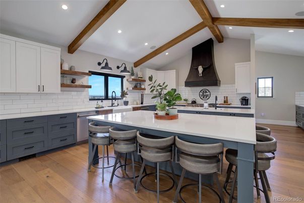 Interior, Kitchen, Recessed Lighting, Stainless Steel Appliances, Wooden Beams, Wood Texture Flooring