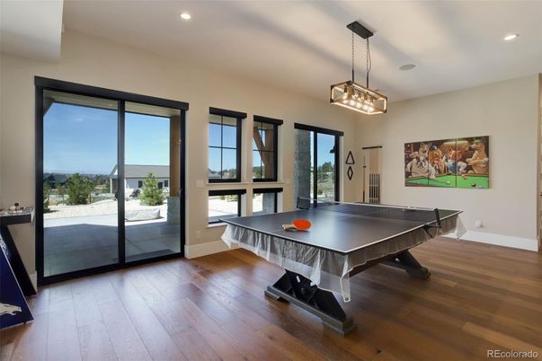Billiard Table, Game Room, Interior, Pendant Lights, Recessed Lighting, Wood Texture Flooring