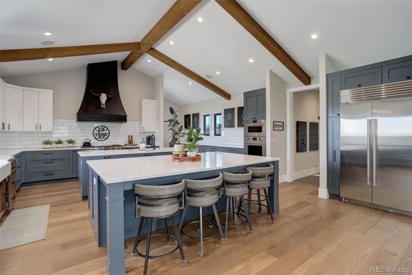 Interior, Kitchen, Recessed Lighting, Stainless Steel Appliances, Wooden Beams, Wood Texture Flooring