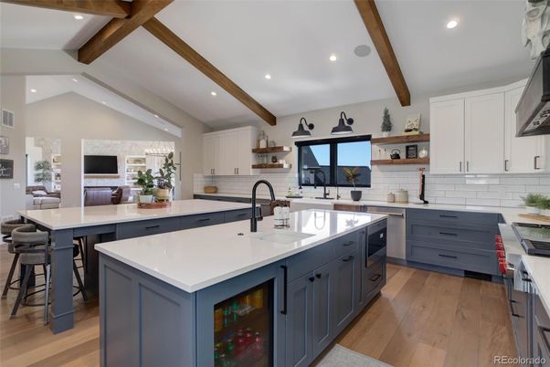 Interior, Kitchen, Recessed Lighting, Stainless Steel Appliances, Wooden Beams, Wood Texture Flooring