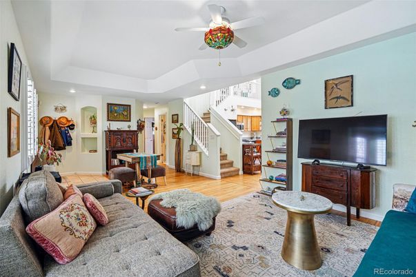 Interior, Living room, Recessed Lighting, Wood Texture Flooring