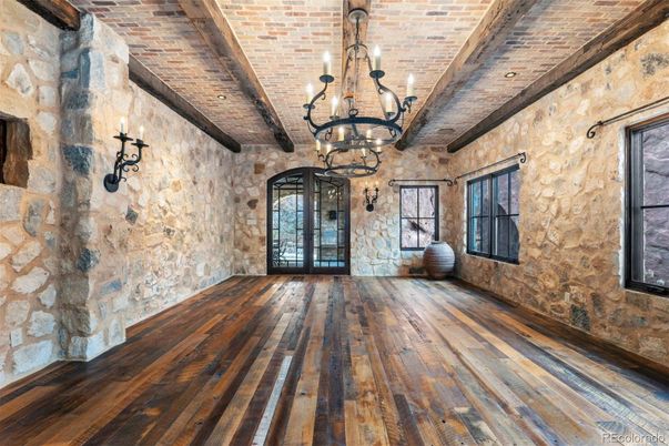 Chandelier, Empty room, Interior, Stone Walls, Wooden Beams, Wood Texture Flooring
