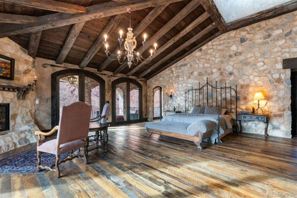Bedroom, Chandelier, Dining room, Fireplace, Interior, Stone Walls, Wooden Beams, Wooden Ceilings, Wood Texture Flooring
