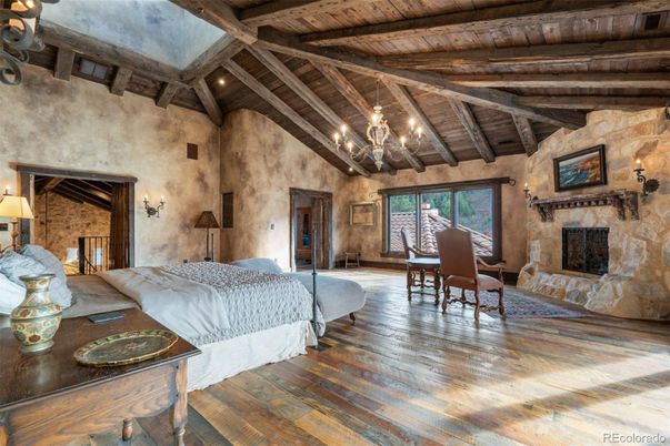 Bedroom, Chandelier, Dining room, Fireplace, Interior, Wooden Beams, Wooden Ceilings, Wood Texture Flooring