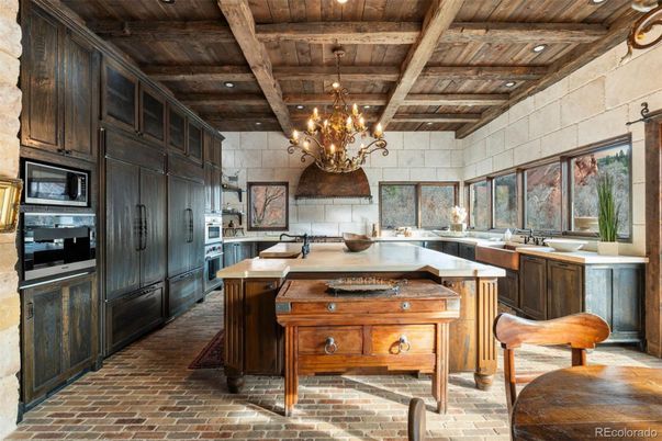 Chandelier, Interior, Kitchen, Recessed Lighting, Stainless Steel Appliances, Wooden Beams, Wooden Ceilings