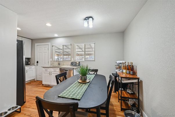 Dining room, Interior, Kitchen, Recessed Lighting, Wood Texture Flooring
