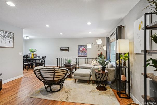 Dining room, Interior, Living room, Recessed Lighting, Wood Texture Flooring