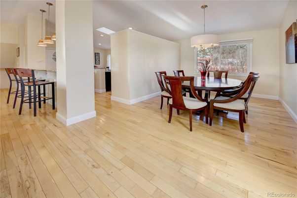 Dining room, Interior, Pendant Lights, Recessed Lighting, Wood Texture Flooring