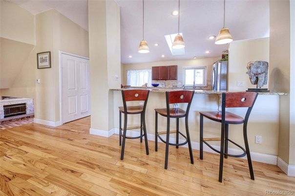 Fireplace, Interior, Kitchen, Pendant Lights, Recessed Lighting, Wood Texture Flooring