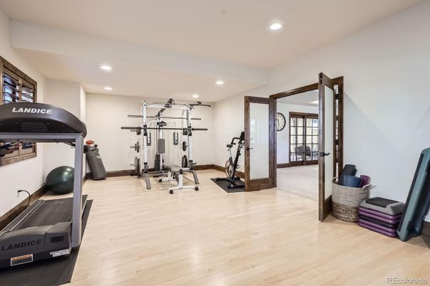 Fitness Equipment, Gym, Interior, Recessed Lighting, Wood Texture Flooring