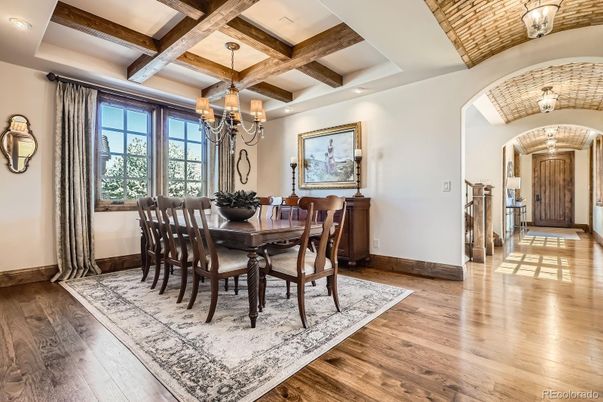 Chandelier, Dining room, Interior, Recessed Lighting, Wooden Beams, Wood Texture Flooring