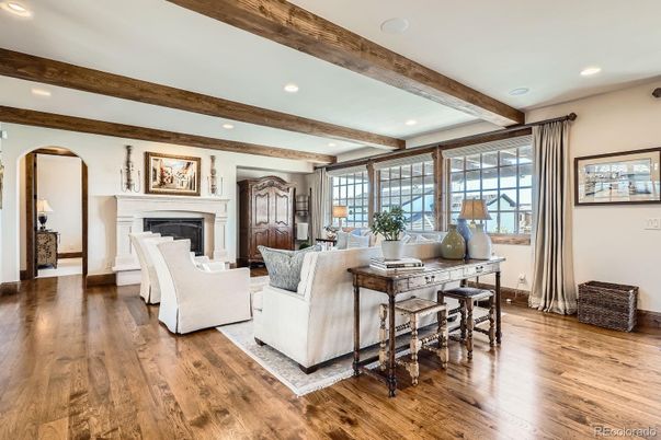 Fireplace, Interior, Living room, Recessed Lighting, Wooden Beams, Wood Texture Flooring