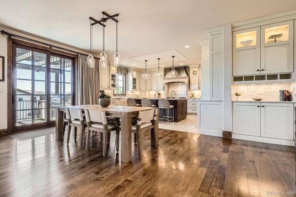 Dining room, Interior, Kitchen, Pendant Lights, Recessed Lighting, Wood Texture Flooring