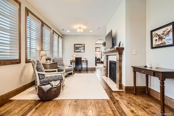 Fireplace, Interior, Recessed Lighting, Wood Texture Flooring