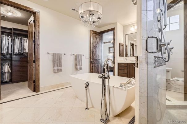 Bathroom, Chandelier, Dual Sink Vanities, Free Standing Baths, Glass Shower, Interior, Recessed Lighting, Walk-in Closets