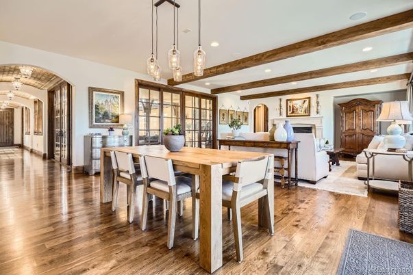 Dining room, Fireplace, Interior, Pendant Lights, Recessed Lighting, Wooden Beams, Wood Texture Flooring