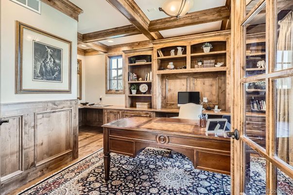 Home Office, Interior, Recessed Lighting, Wooden Beams, Wood Texture Flooring