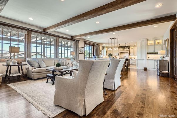 Interior, Kitchen, Living room, Pendant Lights, Recessed Lighting, Wooden Beams, Wood Texture Flooring