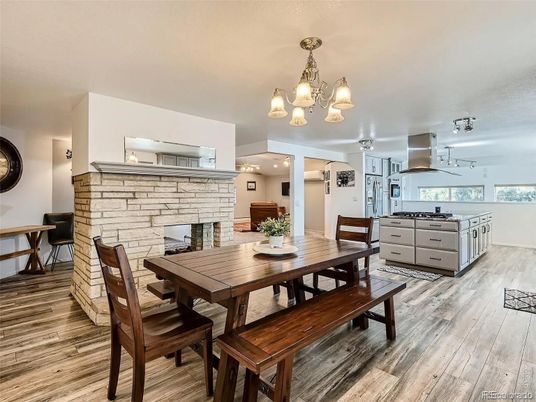 Dining room, Fireplace, Interior, Kitchen, Stone Walls, Wood Texture Flooring