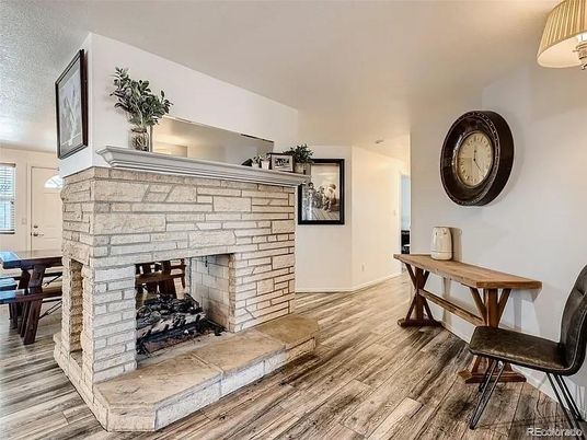 Dining room, Fireplace, Interior, Wood Texture Flooring
