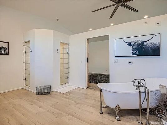 Bathroom, Free Standing Baths, Interior, Recessed Lighting, Wood Texture Flooring