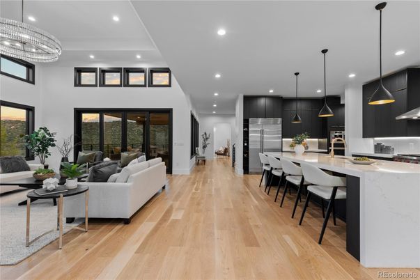 Dining room, Interior, Kitchen, Living room, Pendant Lights, Recessed Lighting, Stainless Steel Appliances, Wood Texture Flooring