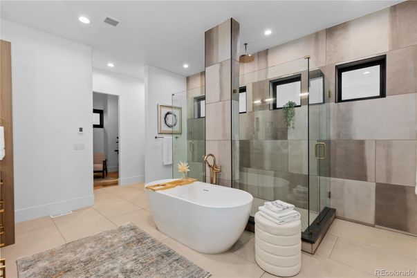 Bathroom, Free Standing Baths, Glass Shower, Interior, Recessed Lighting