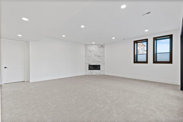 Empty room, Fireplace, Interior, Marble Walls, Recessed Lighting