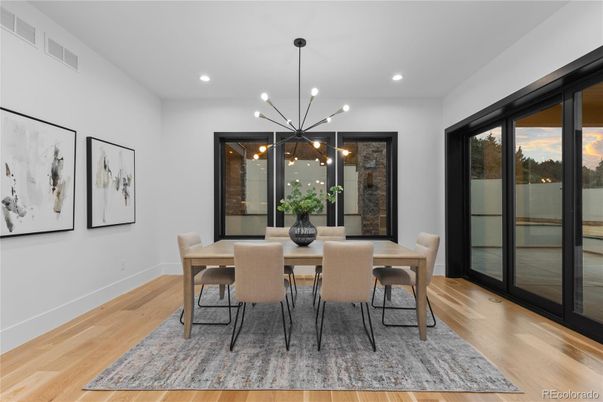 Dining room, Interior, Pendant Lights, Recessed Lighting, Wood Texture Flooring